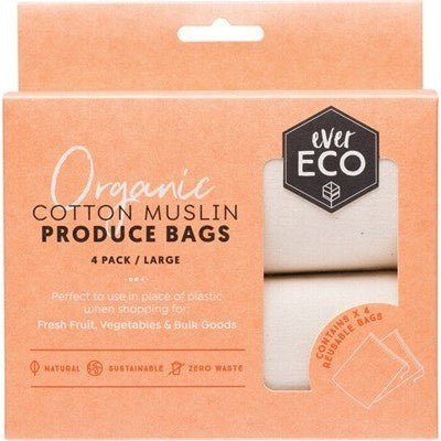 Produce Bags Organic Cotton Muslin 4 Pack - Wasteless Pantry Mundaring